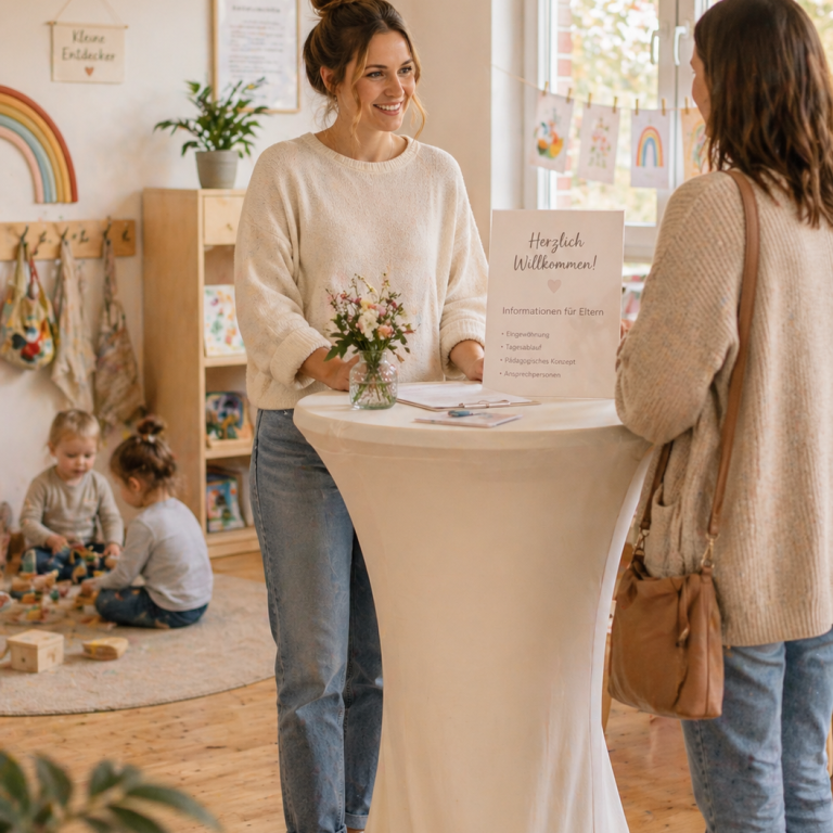 Eine Frau steht an einem Tisch und spricht mit einer anderen Frau, während im Hintergrund Kinder in einem Raum spielen.