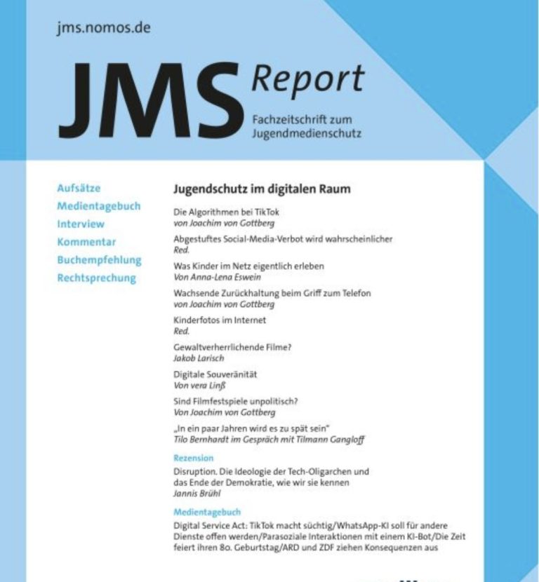 Das Cover der Fachzeitschrift JMS Report zum Jugendmedienschutz zeigt Inhalte zum digitalen Schutz von Kindern.