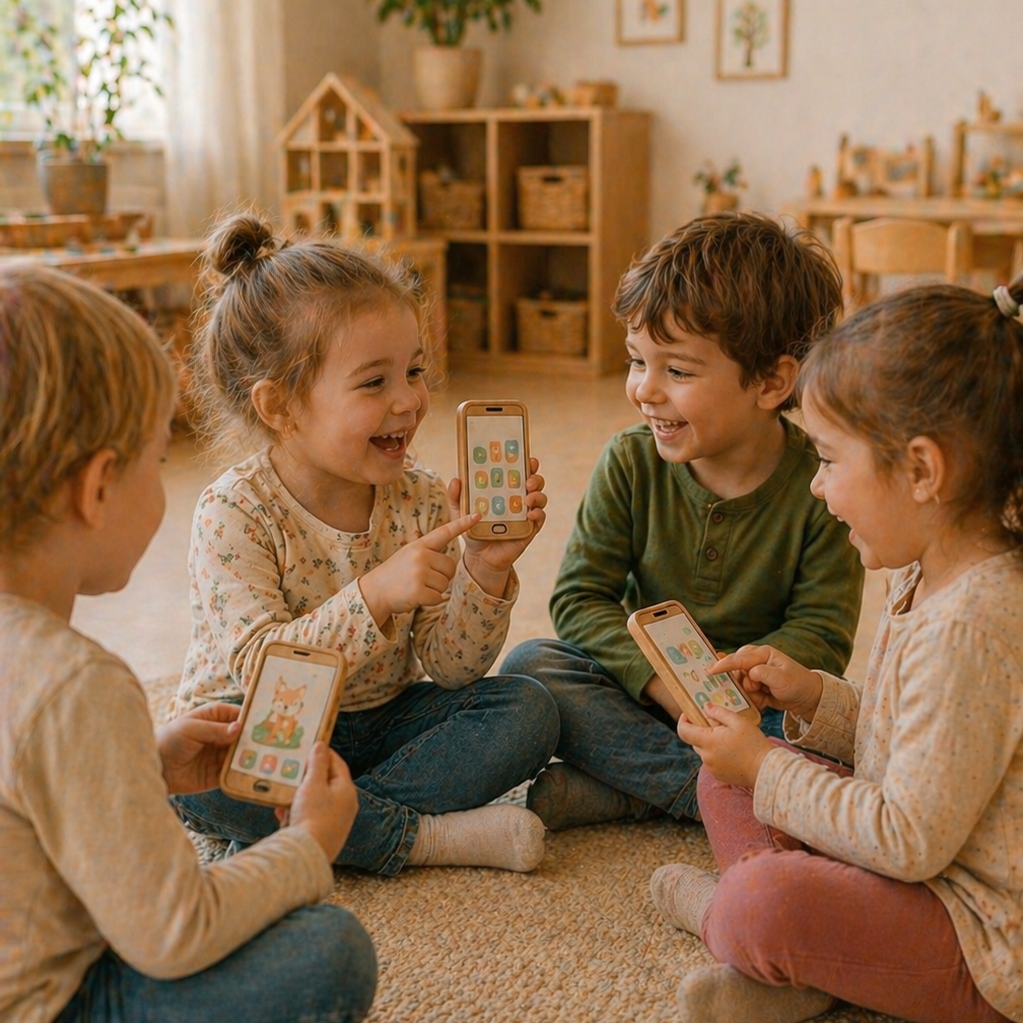 Kinder zeigen sich im Sitzkreis spielerisch Inhalte auf Smartphones.