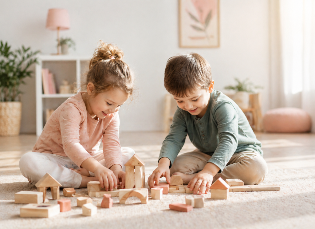 Zwei Kinder spielen mit Holzbausteinen auf Teppich im hellen Wohnzimmer