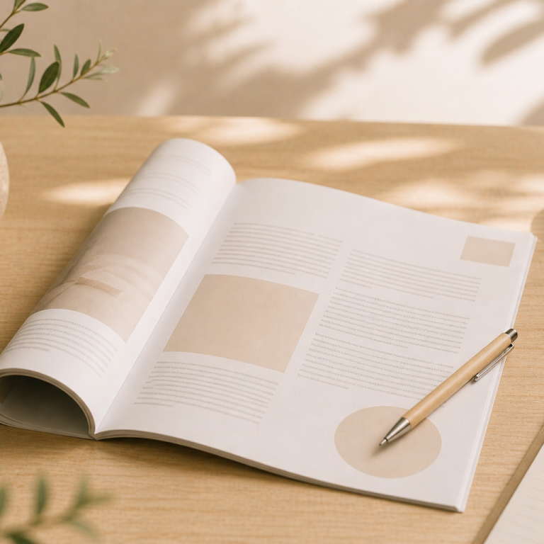 Ein aufgeschlagenes Magazin mit Stift liegt auf einem Tisch und lädt zum Lesen und Arbeiten ein.