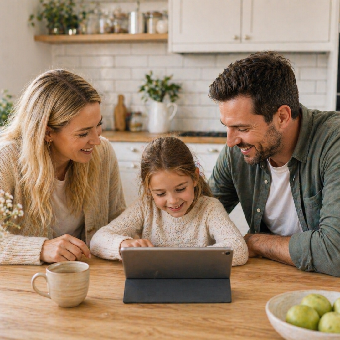 Mutter, Vater und Tochter nutzen gemeinsam ein Tablet am Küchentisch.