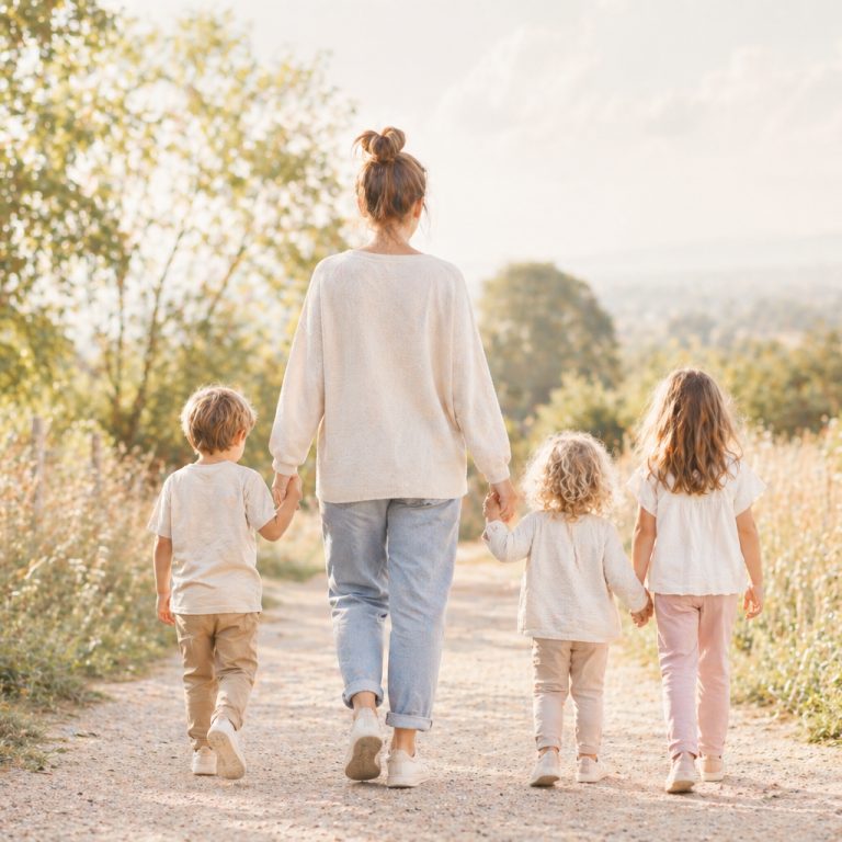 Eine Frau geht mit drei Kindern auf einem Weg durch eine sonnige Landschaft und hält zwei von ihnen an den Händen.