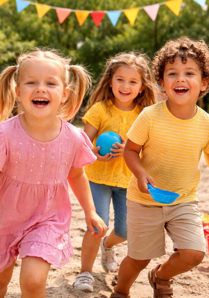 Kinder spielen fröhlich im Sand, halten bunte Schalen und lächeln. Bunte Wimpel im Hintergrund.
